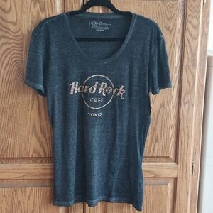 Hard Rock Cafe Tokyo NWT Women's Black Burnout T-Shirt Bronze Beaded LOGO Large
